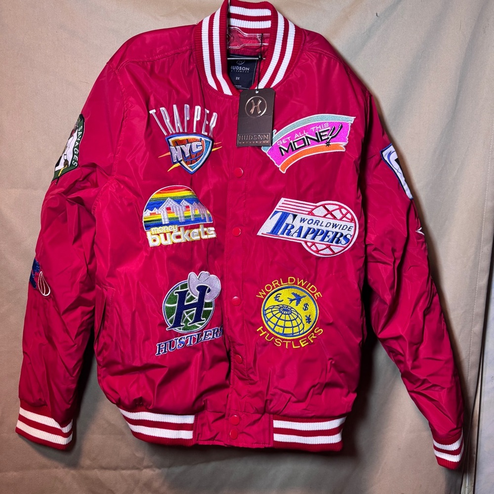Hudson Jeans Vibrant Red Bomber Jacket with Patches